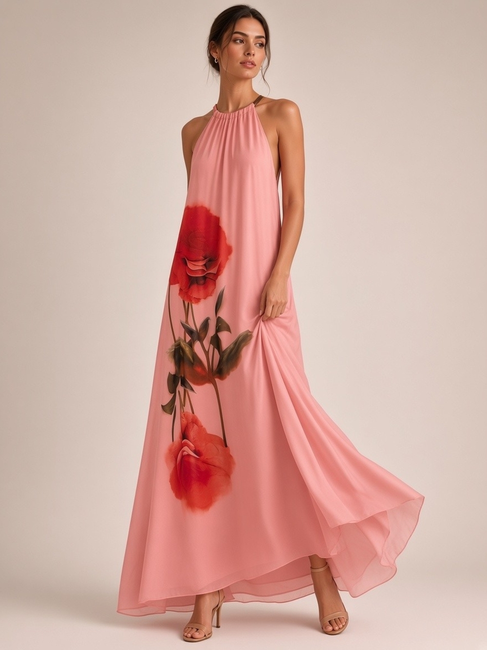 NWT. Silk Halter Maxi Dress in Pink and Red Floral. Made In Italy. Size Large.